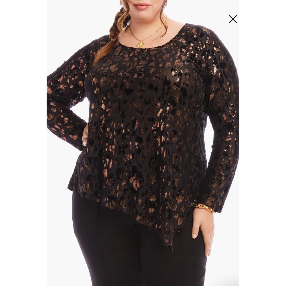 Karen Kane Womens 3X Black Copper Leopard Print Asymmetrical Hem Long Sleeve Top